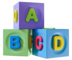 Colorful cubes with letters, designed for early childhood education, fostering learning through play. Ideal for children to recognize letters, enhance motor skills. On transparent background. 3D. png