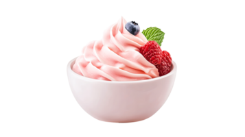 Pink ice cream with raspberry and blueberry topping in bowl, cut out transparent png