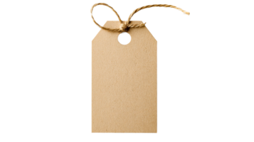 Blank brown paper label with string on black background, cut out transparent png