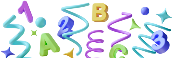 Vibrant footer displays letters A, B, C and numbers 1, 2, 3, styled with playful shapes and colors. Primary school educational design. Bottom element, isolated on transparent background. 3D render. png