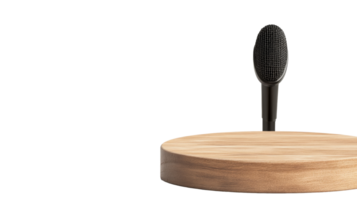 Microphone on wooden podium isolated, cut out transparent png