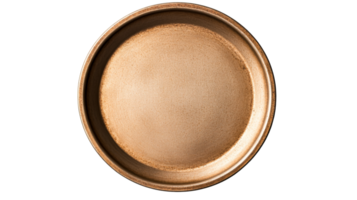 Top-down view of empty gold plate on black background, cut out transparent png