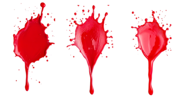 Three vibrant red paint splashes creating dynamic patterns, cut out transparent png