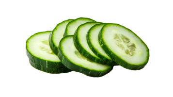Fresh cucumber slices, stack of green veggie, food isolated close up, cut out transparent png