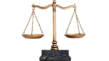 Antique scales of justice isolated on black background, cut out transparent png