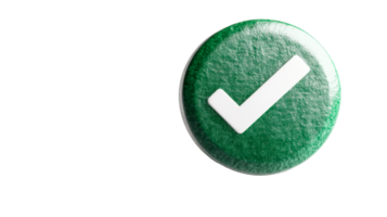Green button with a white checkmark on a black background, cut out transparent png
