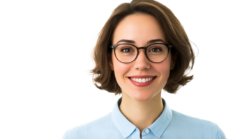 Smiling woman with eyeglasses, charming expression, professional attire, cut out transparent png