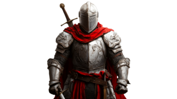 Medieval knight in shining armor with swords, epic, red cloak, cut out transparent png
