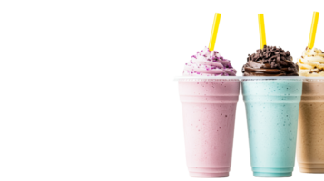 Colorful milkshakes with toppings, drinks for dessert, cut out transparent png