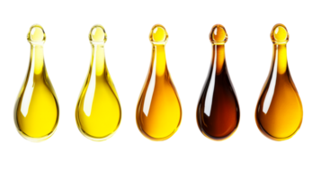 Liquid drops with gradient of hues, isolated on black background, cut out transparent png