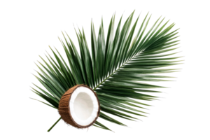 Coconut with palm leaf on black background, cut out transparent png