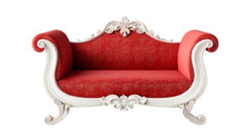 Red vintage sofa with white carved frame on black background, cut out transparent png