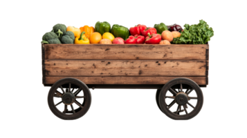 Wooden cart filled with fresh colorful vegetables, cut out transparent png