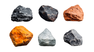 Six different stones in assortment, texture, color, shape, cut out transparent png