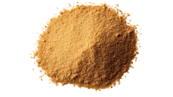 Mound of brown sugar from above isolated on black background, cut out transparent png