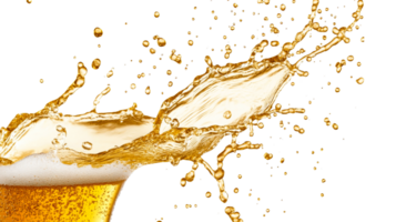 Splashing liquid gold, drink splash, spray droplets, light bubbles, cut out transparent png