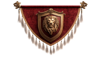 Lion crest shield on red banner with tassels, cut out transparent png