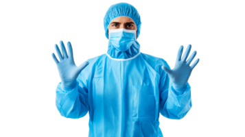 Man in full protective suit with open hands, cut out transparent png