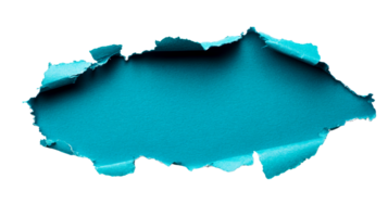 Torn turquoise paper with curled edges, textured background, cut out transparent png
