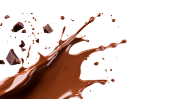 Chocolate splash with chunks dynamic flow on dark backdrop, cut out transparent png