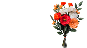 Bouquet of orange, red and white flowers on black background, cut out transparent png