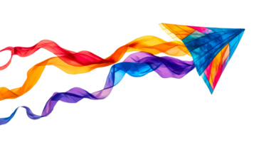 Colorful kite soars, rainbow ribbons, playful sky design, lighthearted, cut out transparent png
