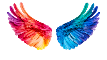 Rainbow feathered wings with vibrant gradients and detailed plumage, cut out transparent png
