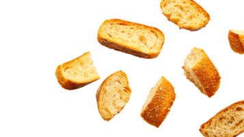 Slices of baguette isolated, floating on a black background, cut out transparent png