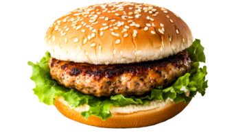 Hamburger with sesame bun, lettuce, and beef patty, cut out transparent png