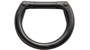 Black metallic D-ring shaped handle with rivets, cut out transparent png