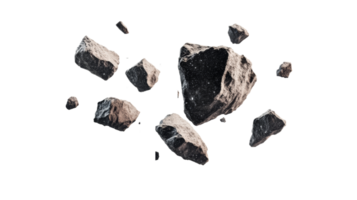 Asteroid field floating in outer space with cosmic glitter, cut out transparent png