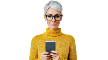 Elegant woman with smartphone on transparent background, cut out transparent png