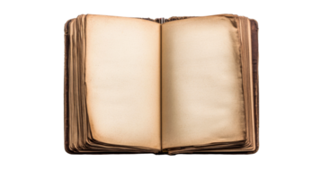Open antique book with blank pages, aged paper texture, cut out transparent png