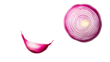 Vibrant red onion slice and segment on black background, cut out transparent png
