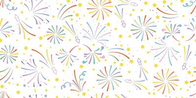 Multicolored salutes, fireworks, poppers and confetti seamless pattern vector