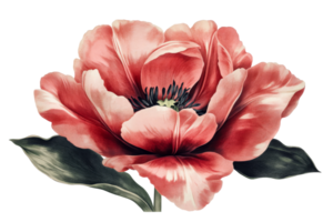 Vintage-style peony with delicate petals and leaf texture, cut out transparent png