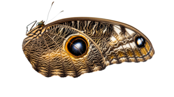 Owl butterfly wing pattern detail on dark background, cut out transparent png