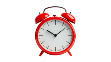 Red alarm clock showing time on white face, timekeeping , cut out transparent png
