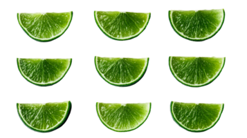 Ripe, sliced lime fruit sections, arranged, isolated on black, cut out transparent png