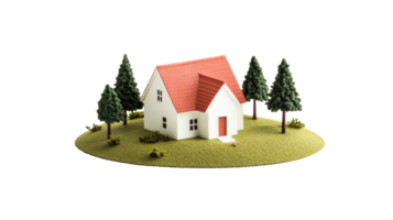 Tiny house model with trees on green island, cut out transparent png