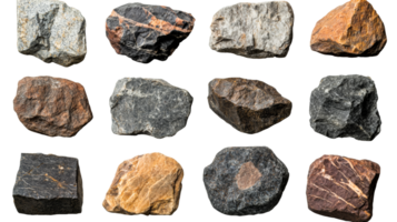 Assortment of rough rock samples, various textures and colors, cut out transparent png