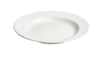 Clean elegant white bowl with a wide rim on black background, cut out transparent png