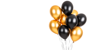 Elegant group of golden and black balloons on black background, cut out transparent png