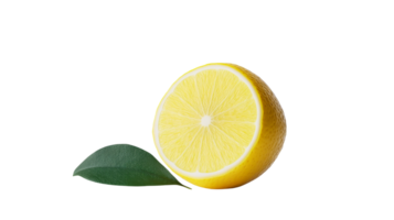 Half a lemon with a green leaf, cut out transparent png