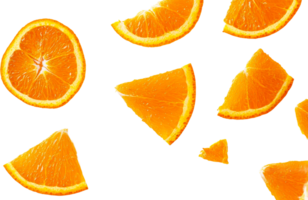 Ripe, juicy orange fruit slices and wedges, cut out transparent png