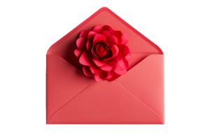 Open coral envelope with flower in the middle, cut out transparent png