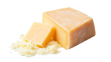 Wedge of aged parmesan cheese, dairy product on black background, cut out transparent png