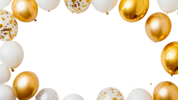 White and golden party balloons frame on black background, cut out transparent png