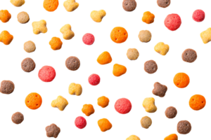 Assorted colorful dry pet food pattern on black background, cut out transparent png