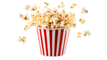 Popcorn bucket, overflowing snack, red, white stripes, floating, cut out transparent png